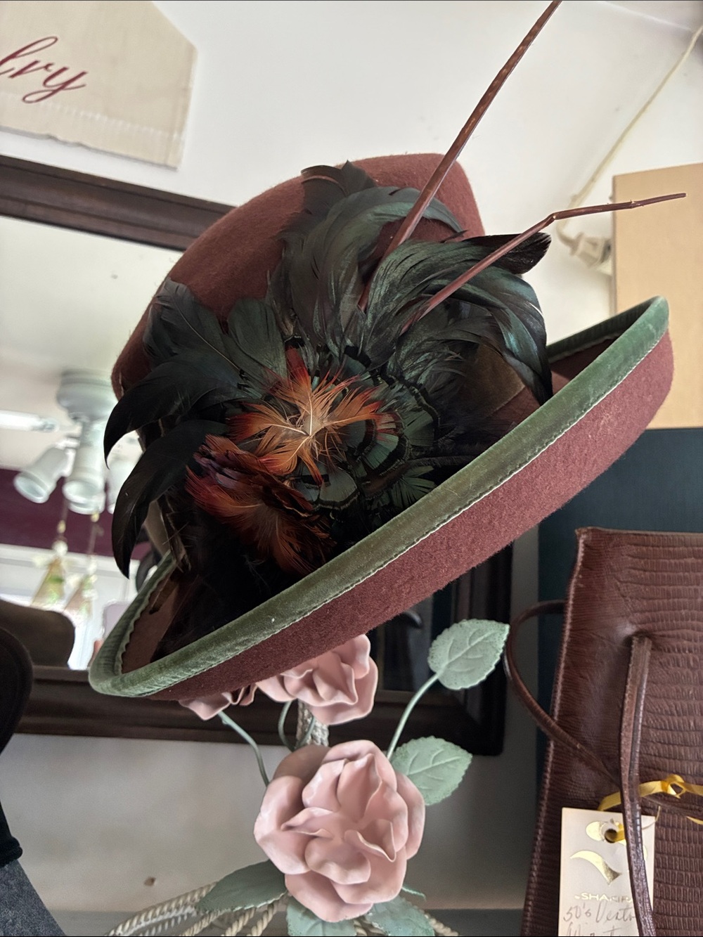 Womens Feather Accent Felt Hat in Rust with Green Trim